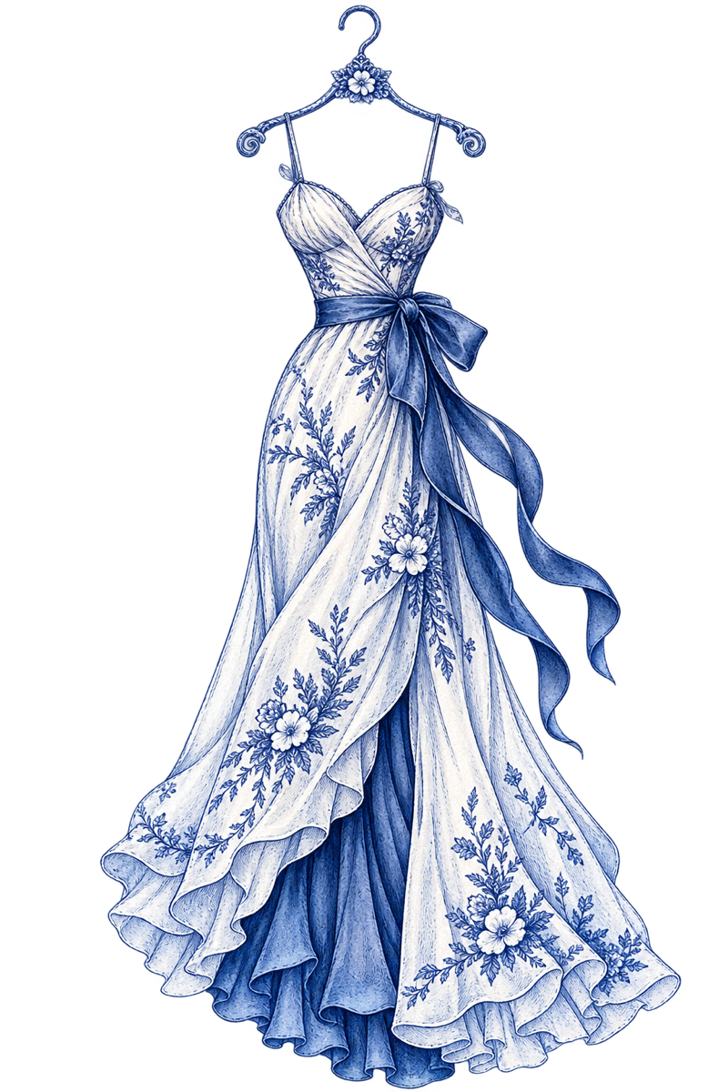 Vestido azul empolvado colgado en una percha