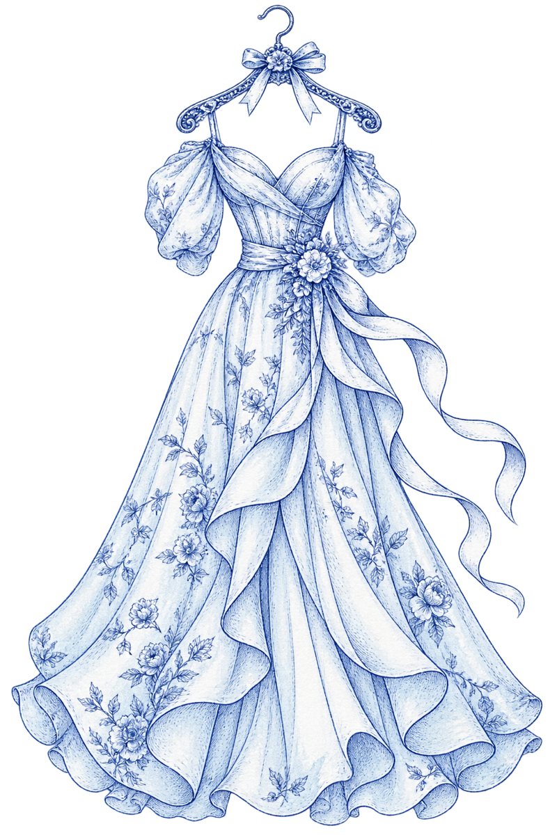 Vestido azul cielo colgado en una percha